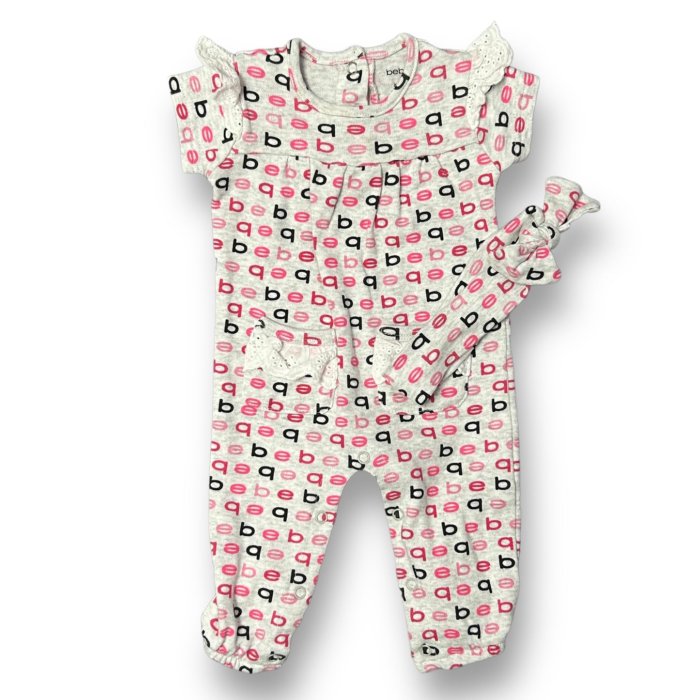 Bebe Girls 0-3 Months Gray Short Sleeve Snap Bottom Romper and Headband Set