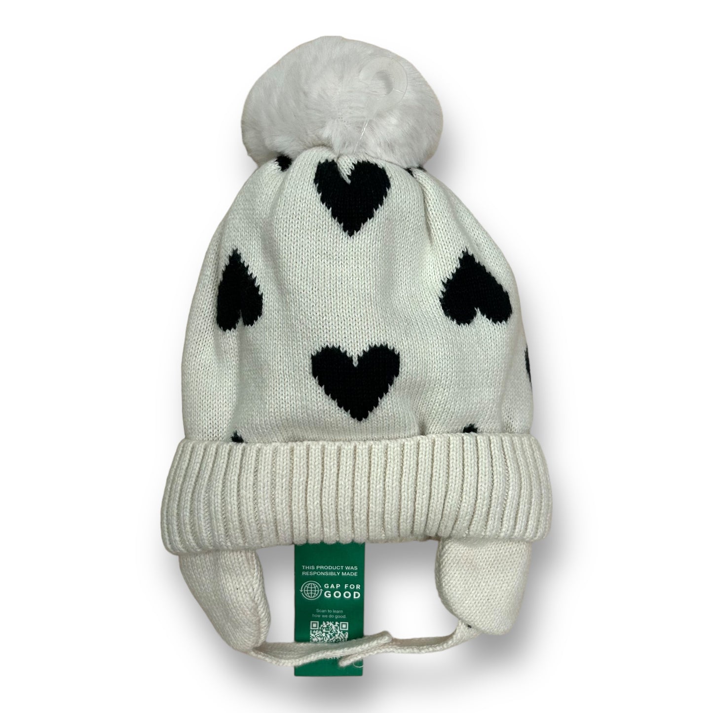 NEW! Baby Gap Size 0-6 Months Girls Knit Pom Beanie Heart Print Winter Hat