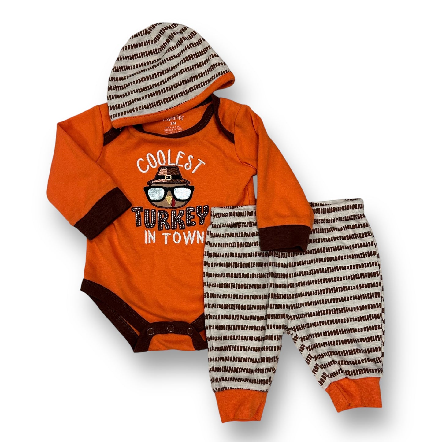 First Thanksgiving Outfit Baby Size 3 Months Turkey Shirt, Beanie, & Pants Set