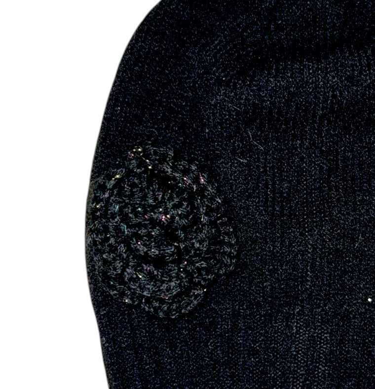 Toddler Girls Beanie Shimmery Black Knit Winter Hat with Flower Accent, One Size