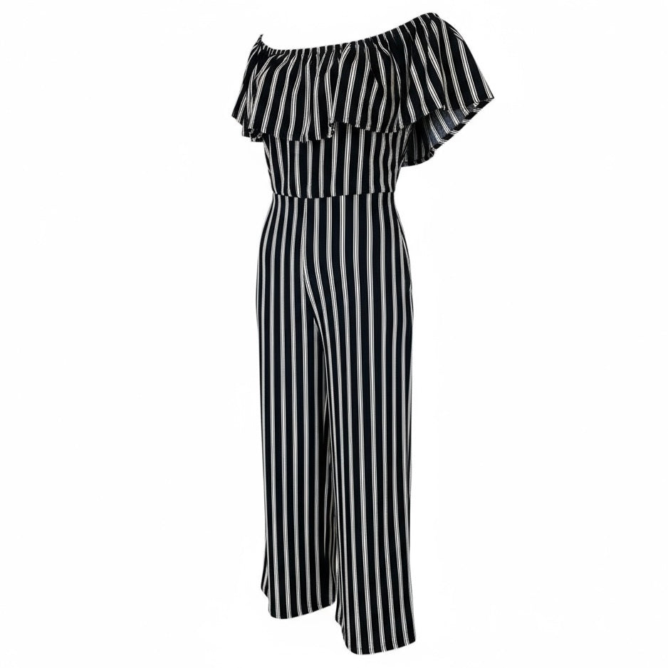 Black and beige striped off-shoulder jumpsuit on a white background