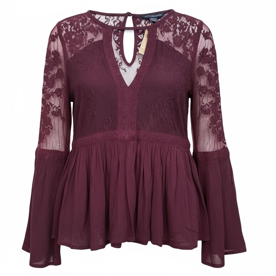 NEW! American Eagle Women's Size XS Boho Blouse with Lace Sleeves & Button
