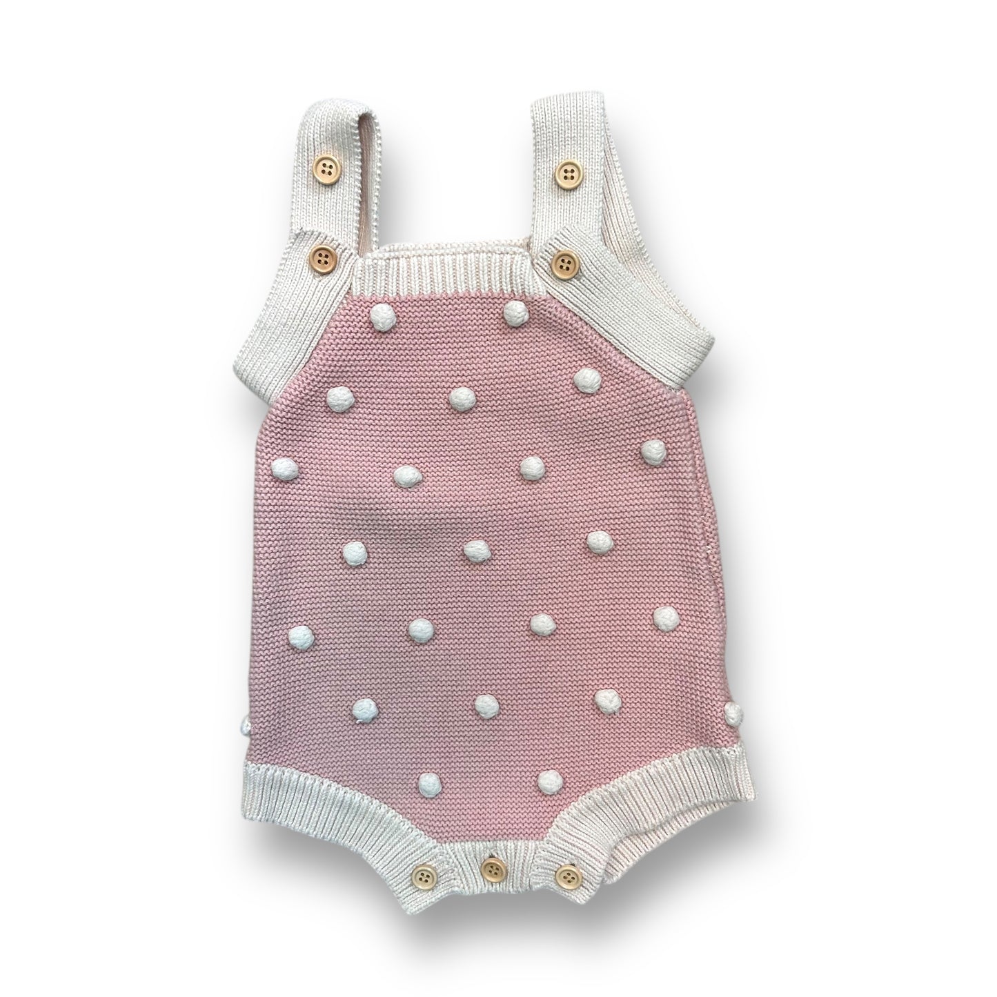Baby Girl 6-12 Months Pink and White Sweater Knit Romper with Wooden Buttons