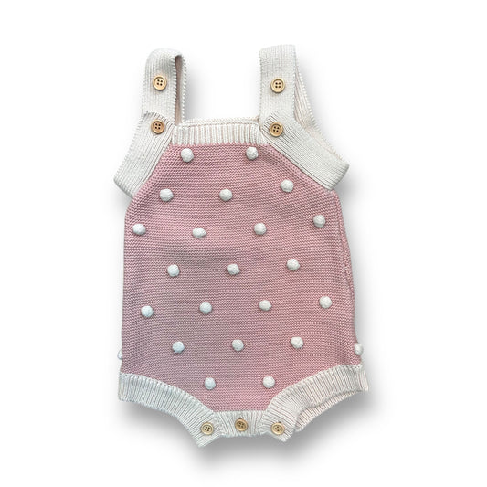 Baby Girl 6-12 Months Pink and White Sweater Knit Romper with Wooden Buttons