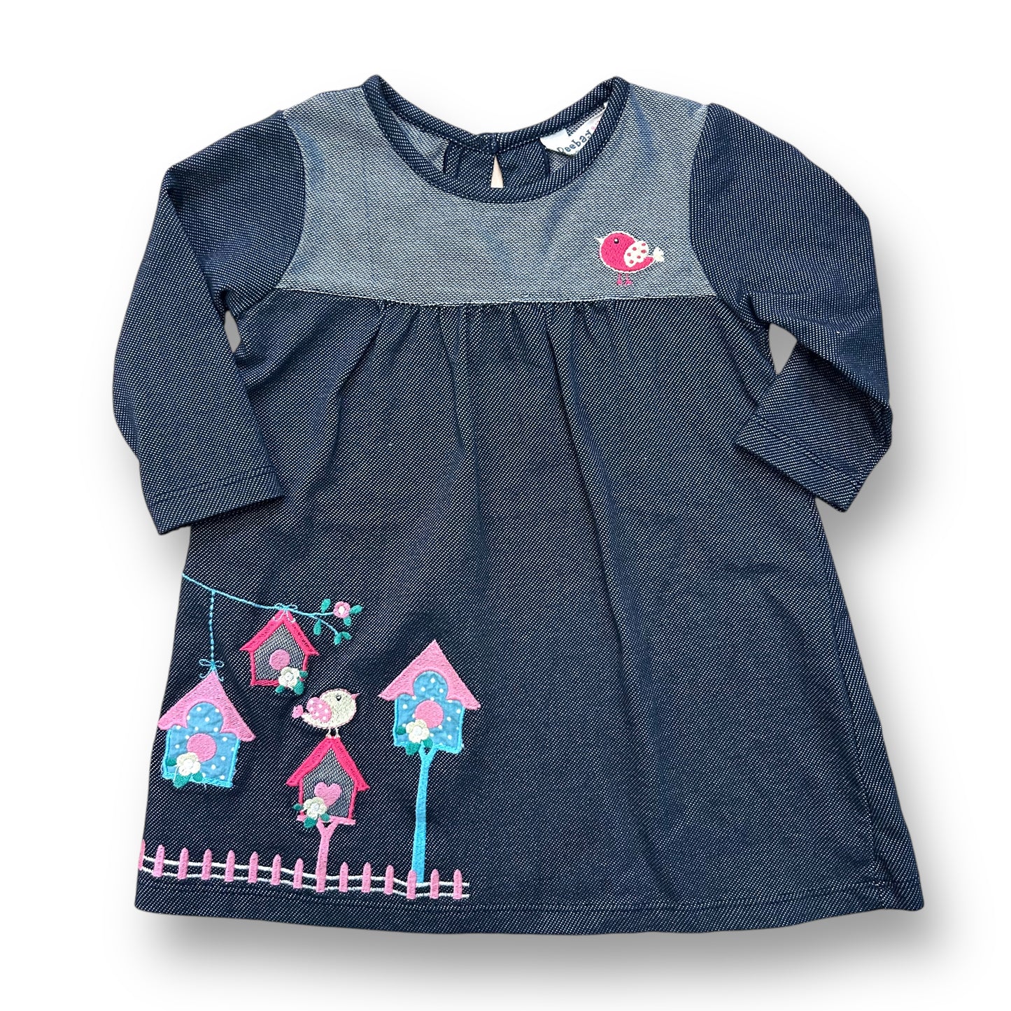 Beebay Girls Size 9-12 Months Dark Blue Embroidered Birdie Long Sleeve Dress
