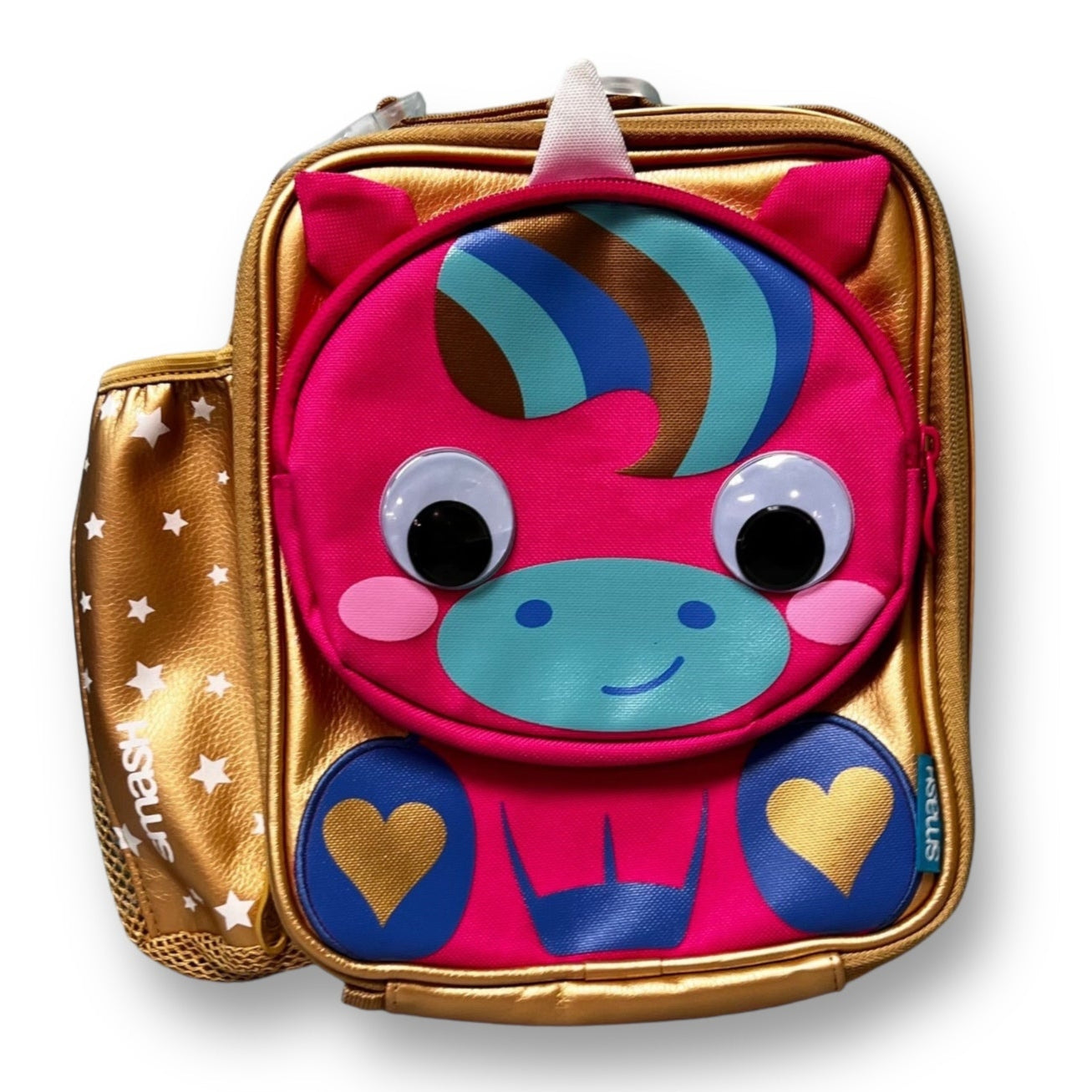 Children's lunch bag with a pink unicorn design on a gold background