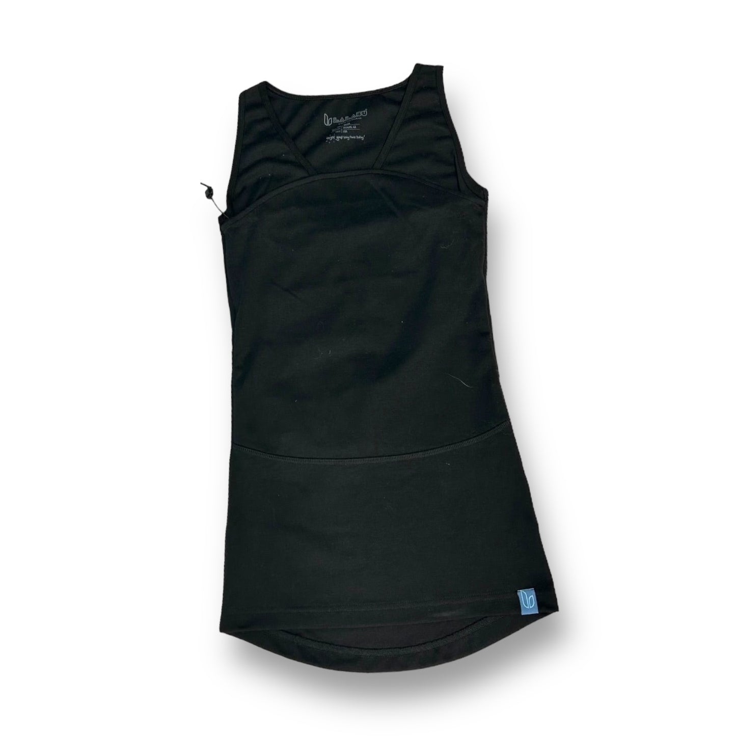 A black Lalabu babywearing carrier with adjustable straps and a visible brand tag.
