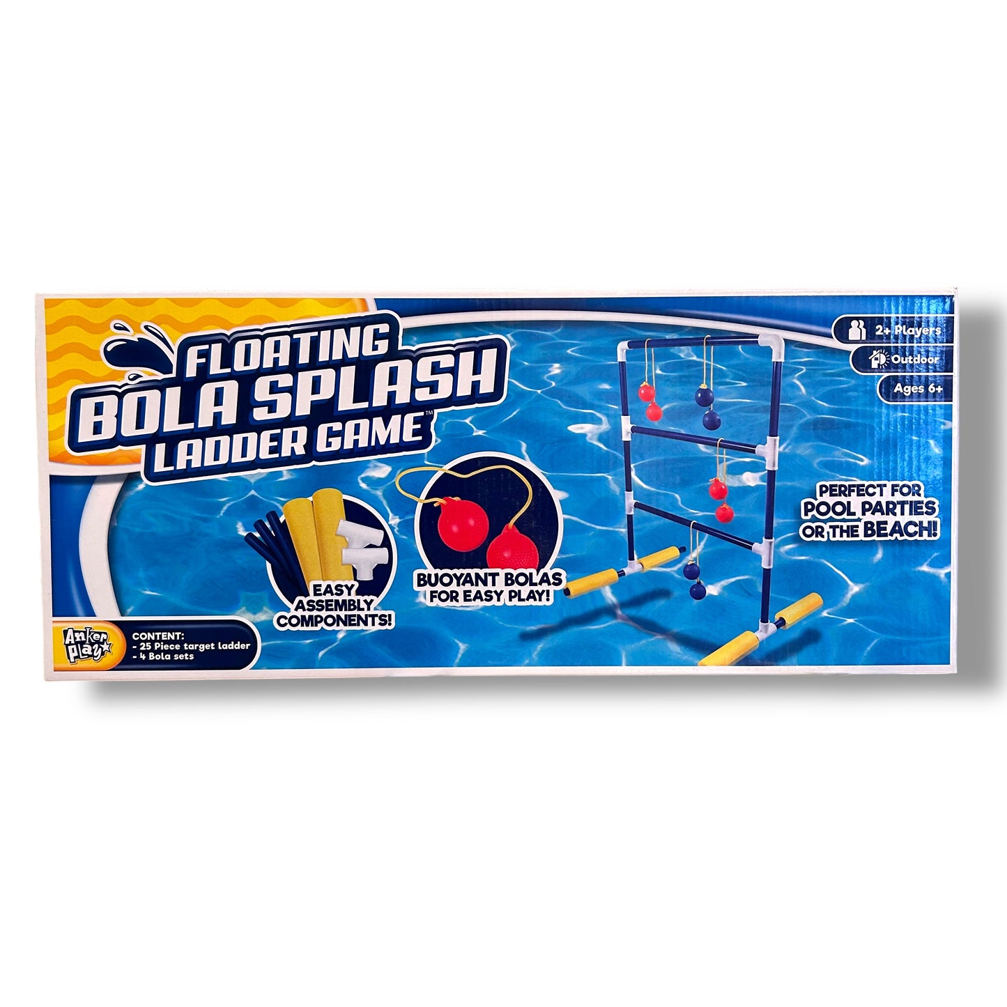 Packaging for the Anker Play Floating Ladder Ball Game, depicting the game components and the completed game setup in a pool environment.