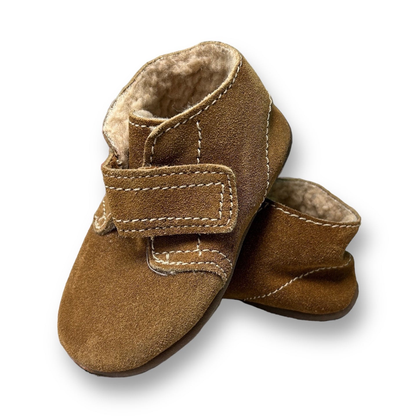 A pair of brown suede-style toddler boy shoes with a hook and loop closure.