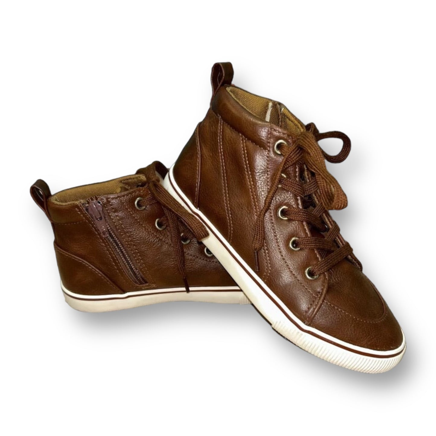 Youth Boys Brown Faux Leather High Top Sneaker Boot Size 2Y with Side Zipper