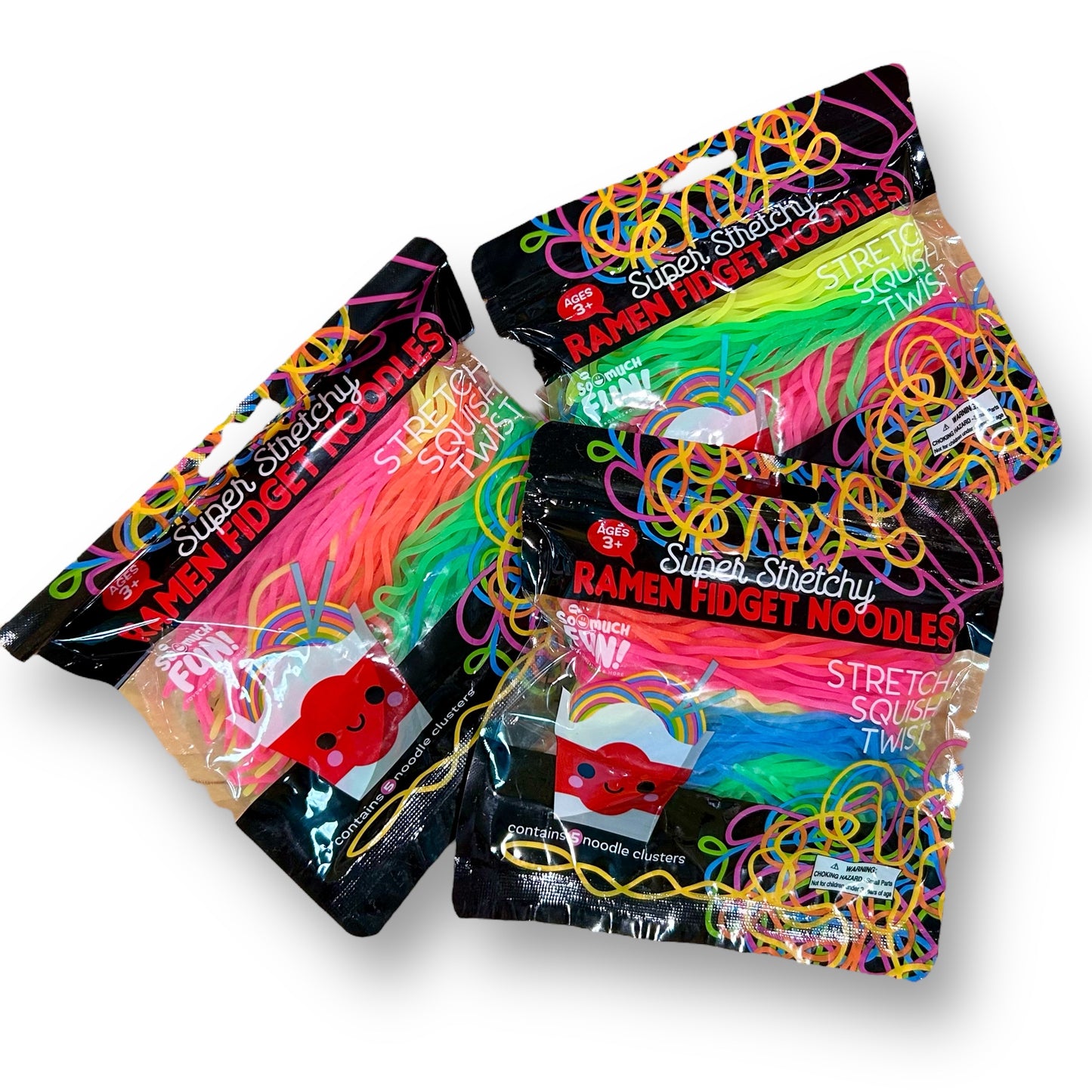 Multiple packs of colorful ramen fidget noodles designed to look like a ramen bowl, presented in a sensory toy format.