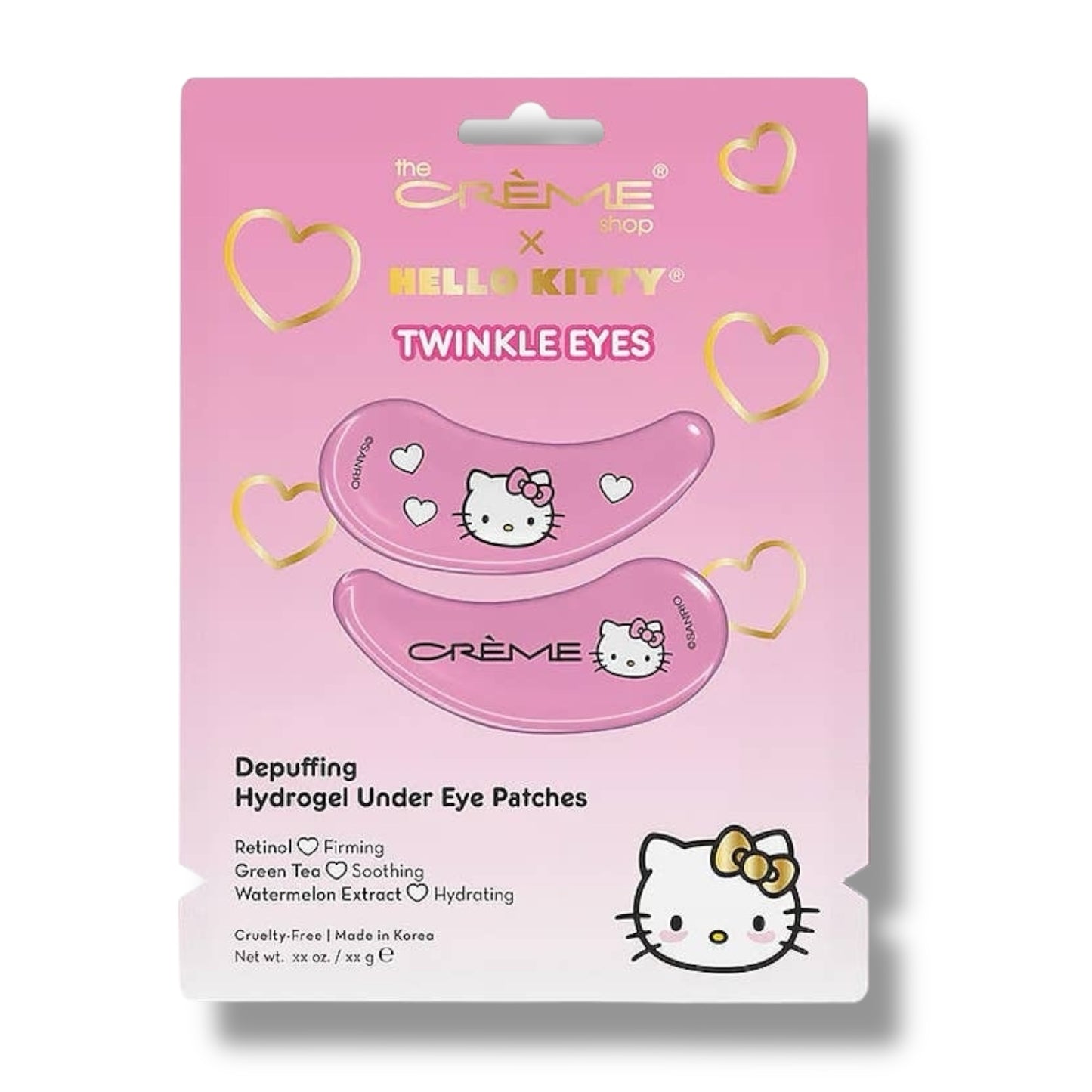 Packaging of Hello Kitty themed depuffing hydrogel under eye patches with Hello Kitty's image on it, predominantly pink with heart accents.