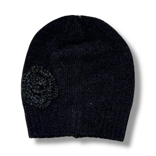 Toddler Girls Beanie Shimmery Black Knit Winter Hat with Flower Accent, One Size