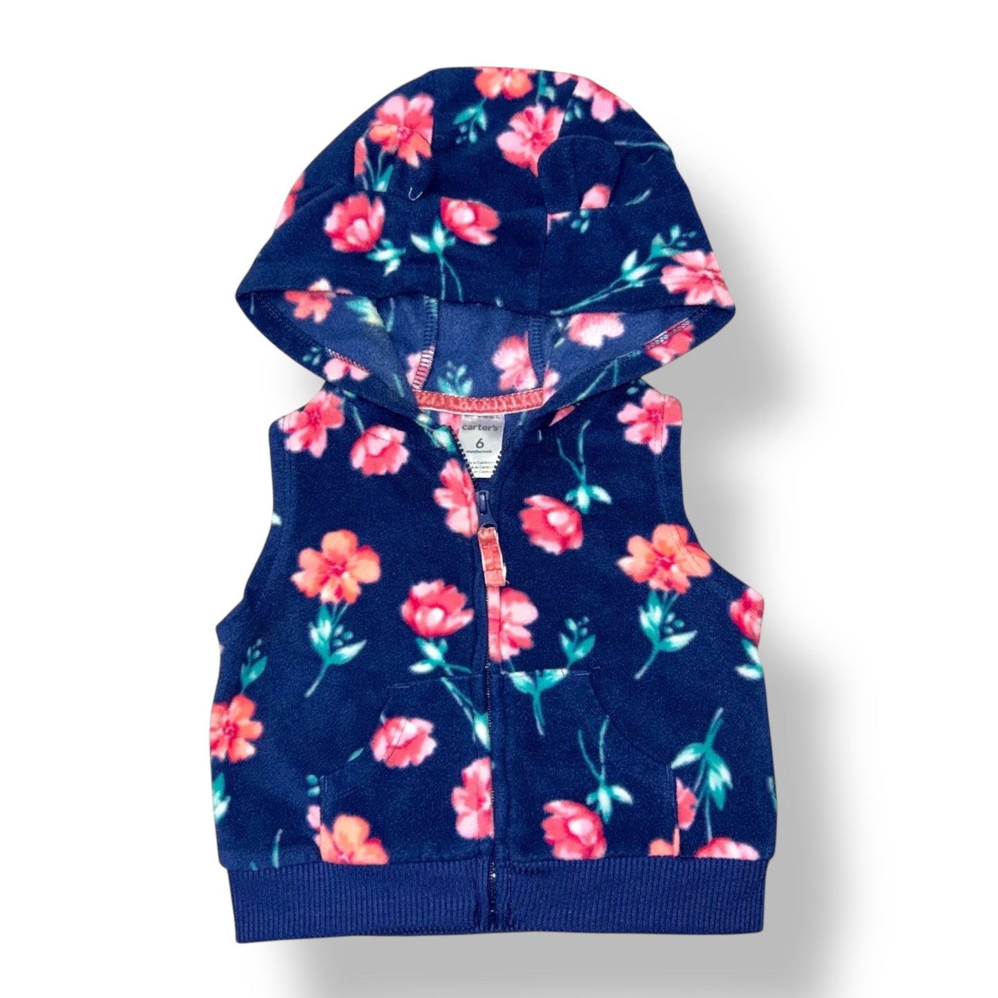 Carter's Baby Girl Size 6 Months Blue Floral Fleece Zippered Vest with Hood