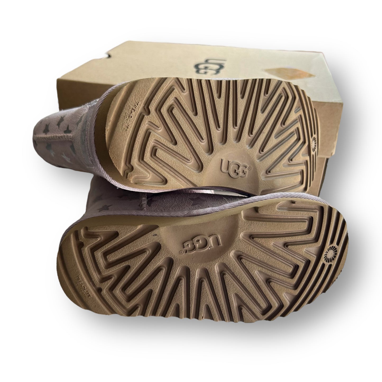 Close-up of a UGG shoe sole with a cardboard box in the background