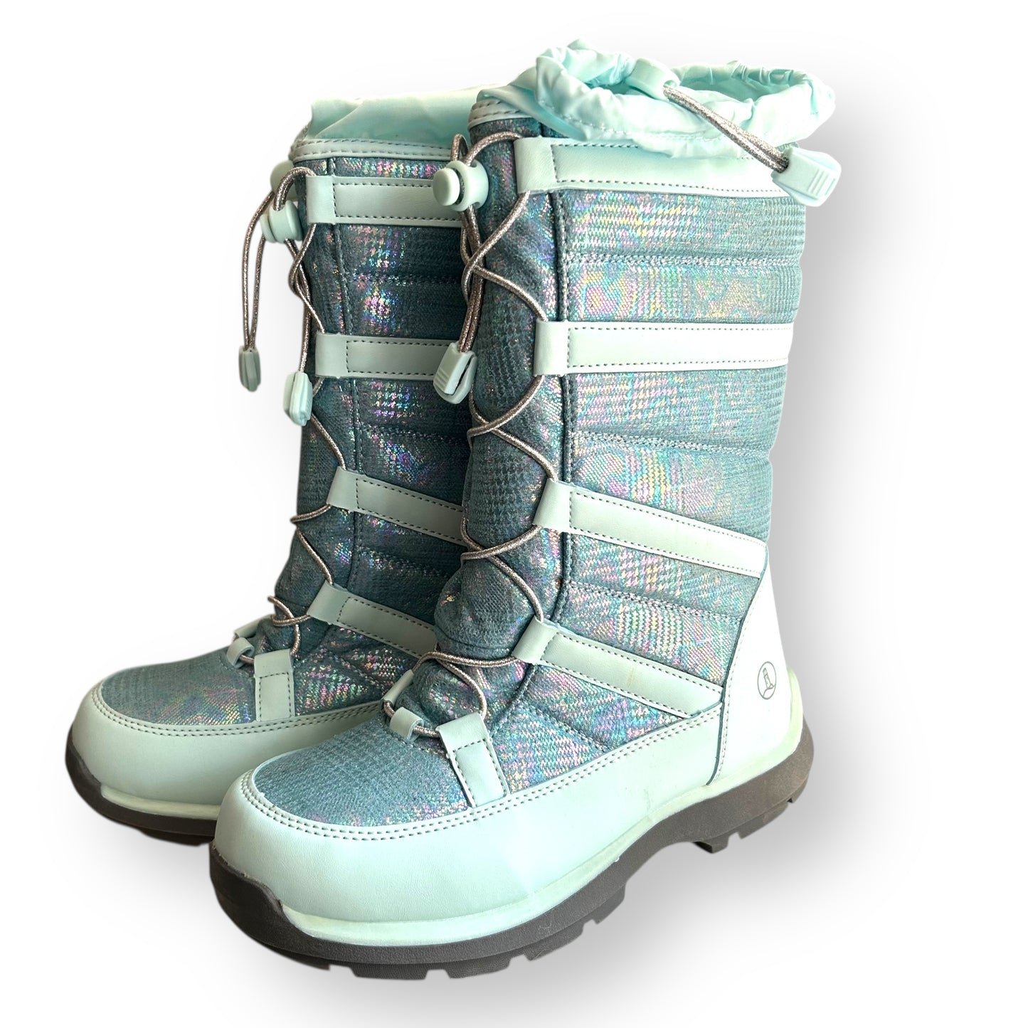Pair of light blue Lands End snow boots with a patterned design on a white background