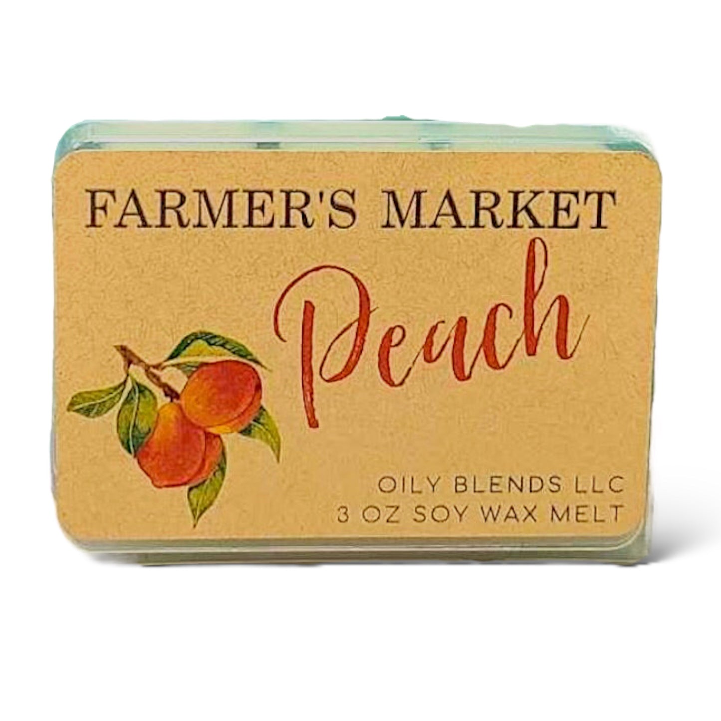 A clear plastic package with a label that reads 'Farmer's Market Peach', containing yellowish soy wax melts.