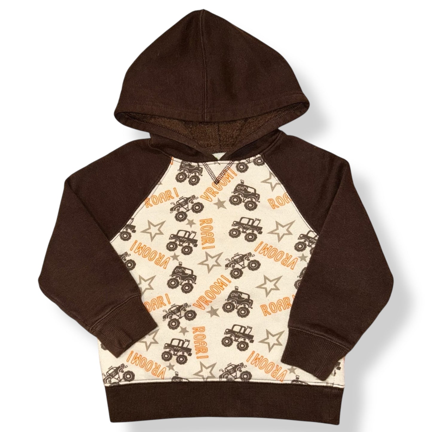 Brown hoodie with patterned front on a white background