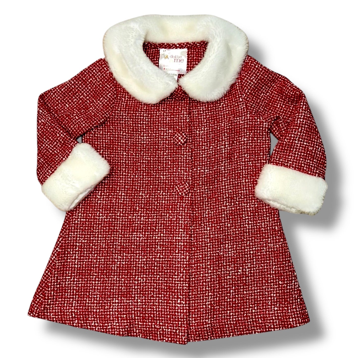 Red children's coat with white fur trim on a white background