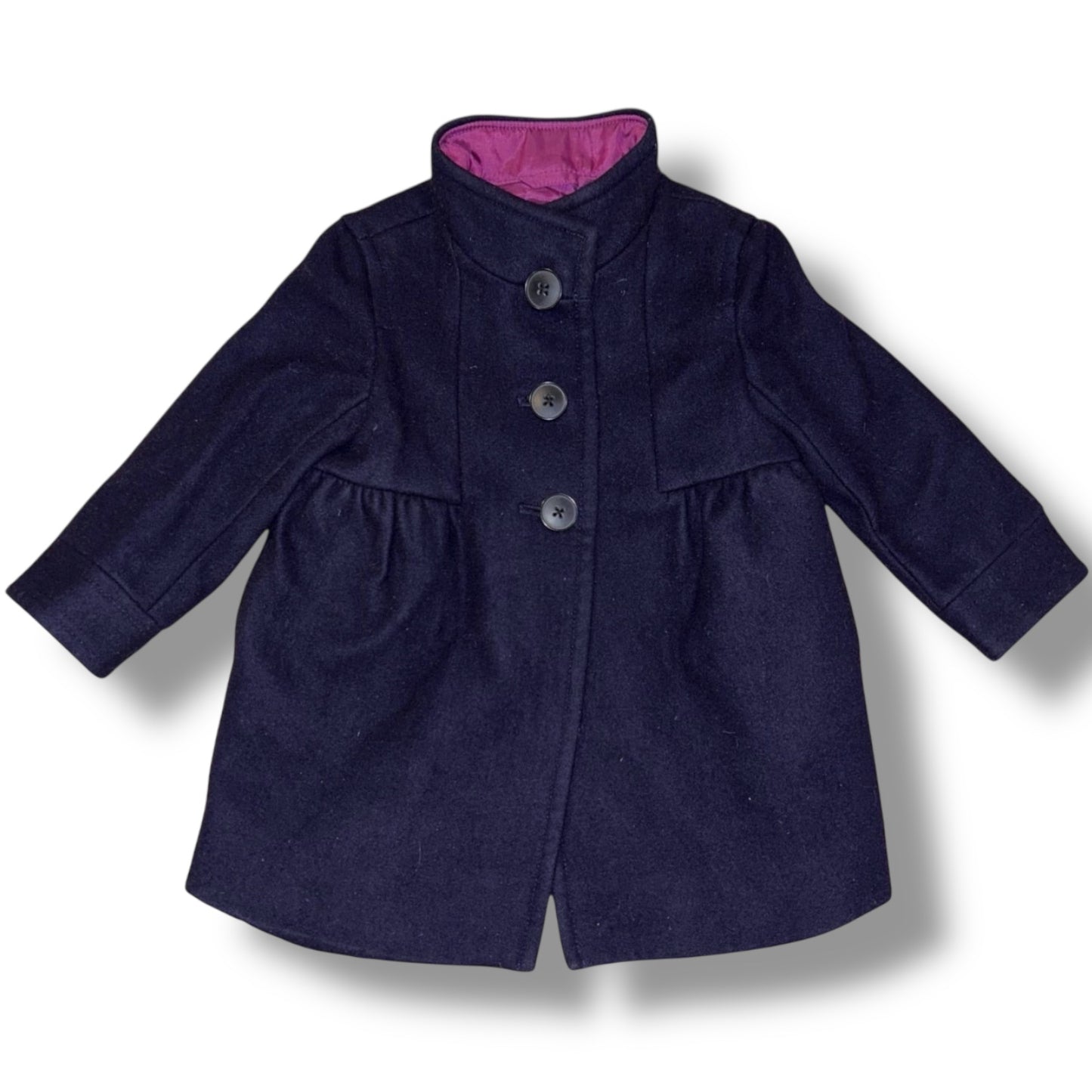 Navy blue coat with a pink interior lining on a white background
