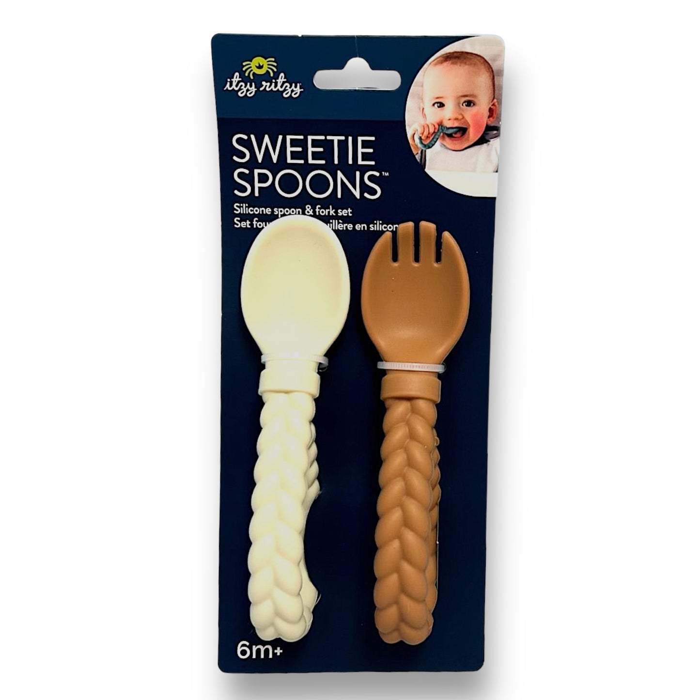 NEW! Itzy Ritzy Sweetie Beige Silicone BPA Free Baby Spoon and Fork Set