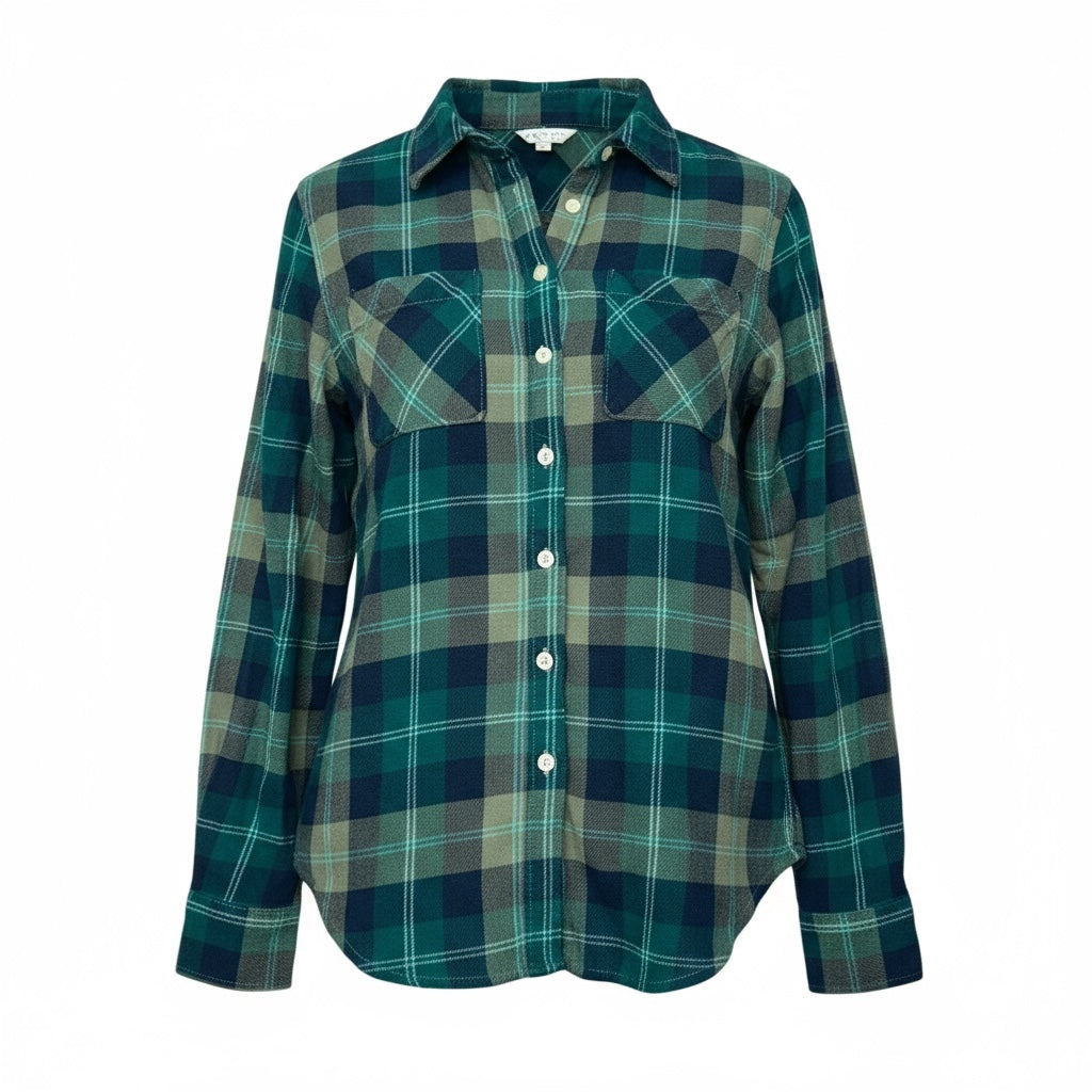 Women's Size XS Flannel Shirt Full Length Green & Blue Plaid Button Up Tunic