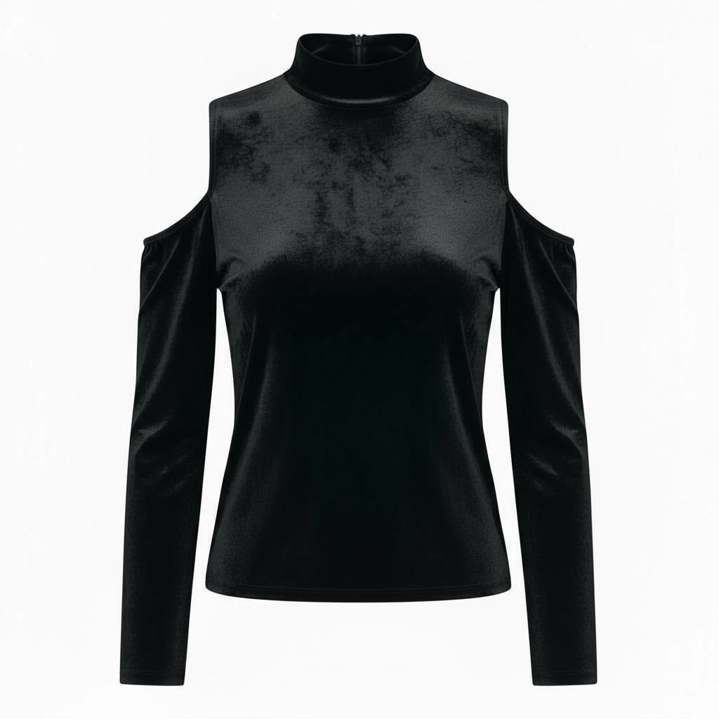 Women's XS Black Crushed Velvet Shirt Long Sleeve Cold Shoulder Top with Zipper
