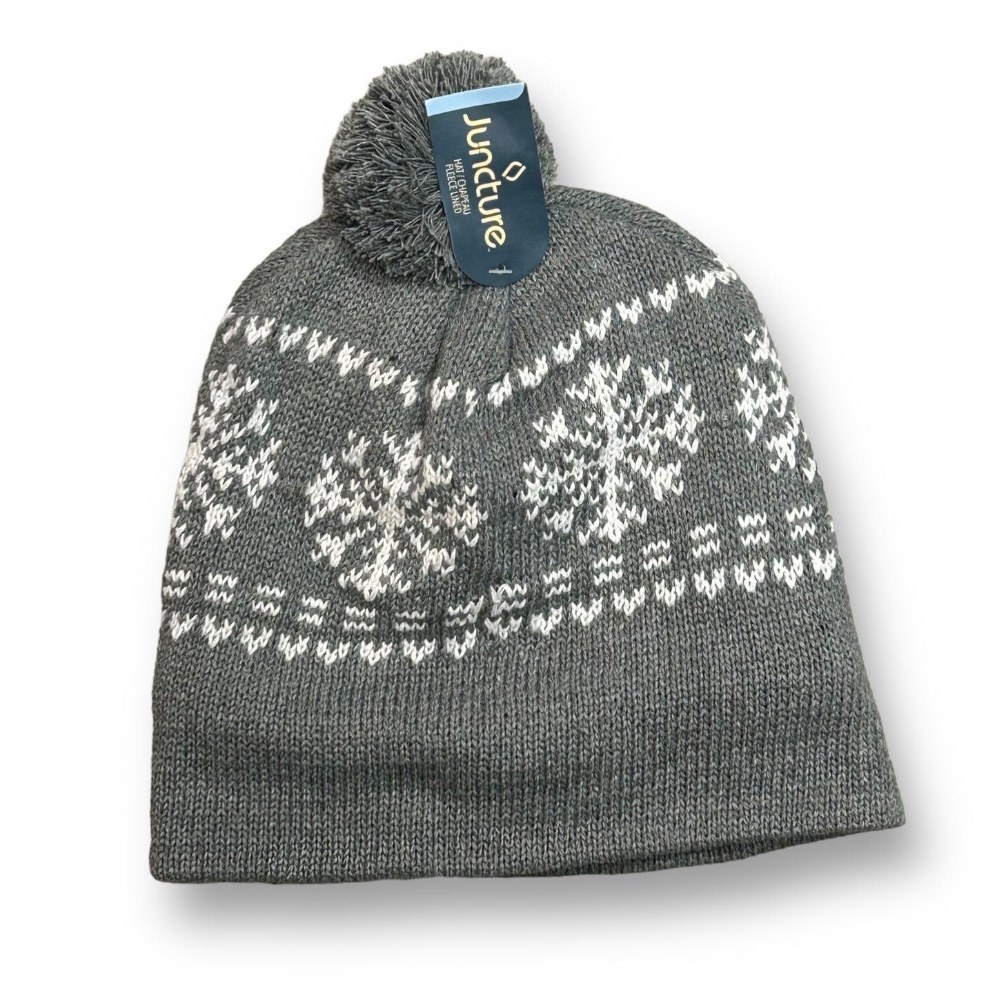 A gray Juncture brand beanie hat with a pom-pom on top, displayed against a white background.
