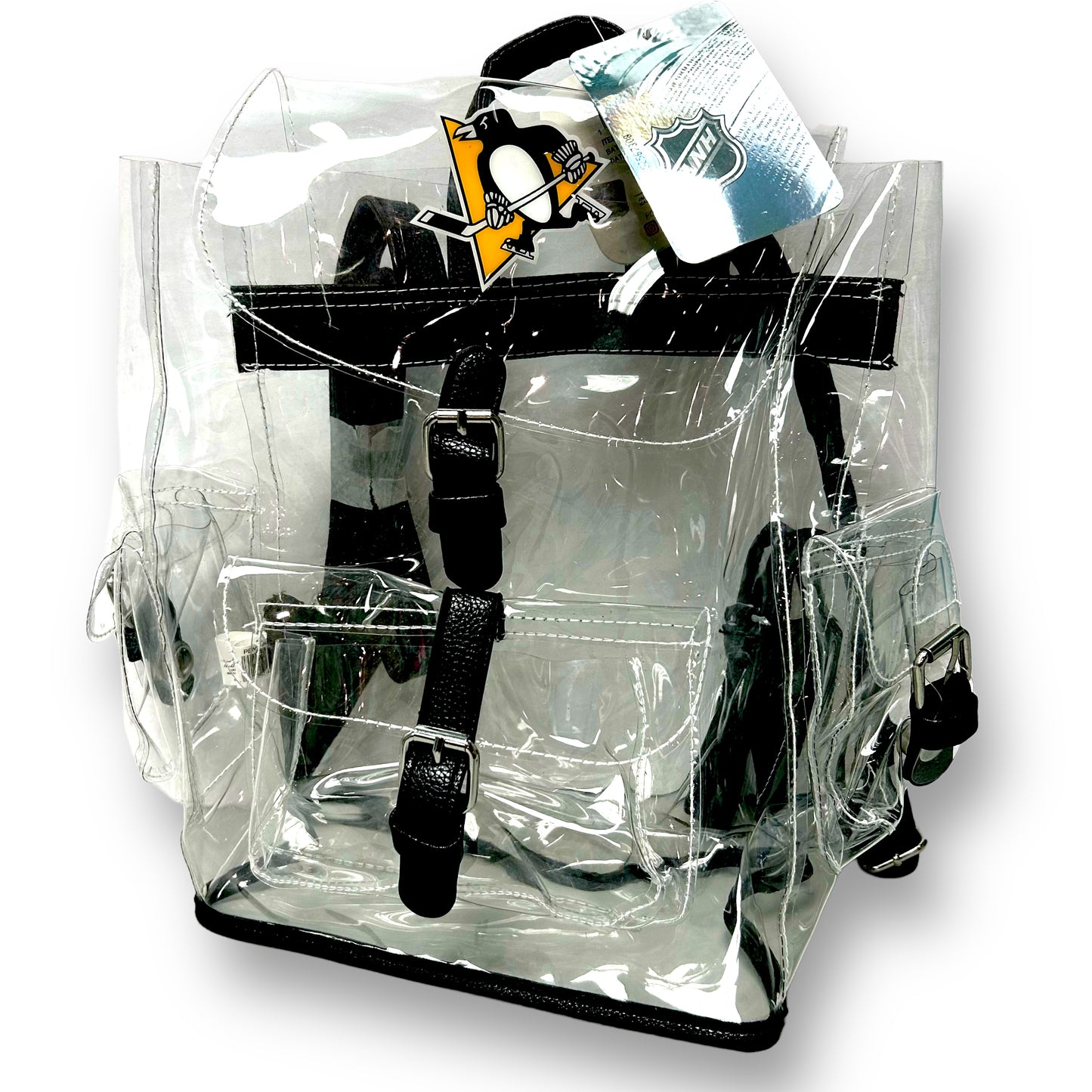 A clear vinyl arena backpack with a black strap and a Pittsburgh Penguins logo on the front, featuring multiple compartments.