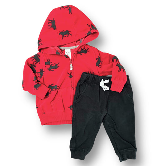 Baby Boy 2-Pc Outfit Carter's Size 6 Months Red Fleece Moose Hoodie & Pants Set