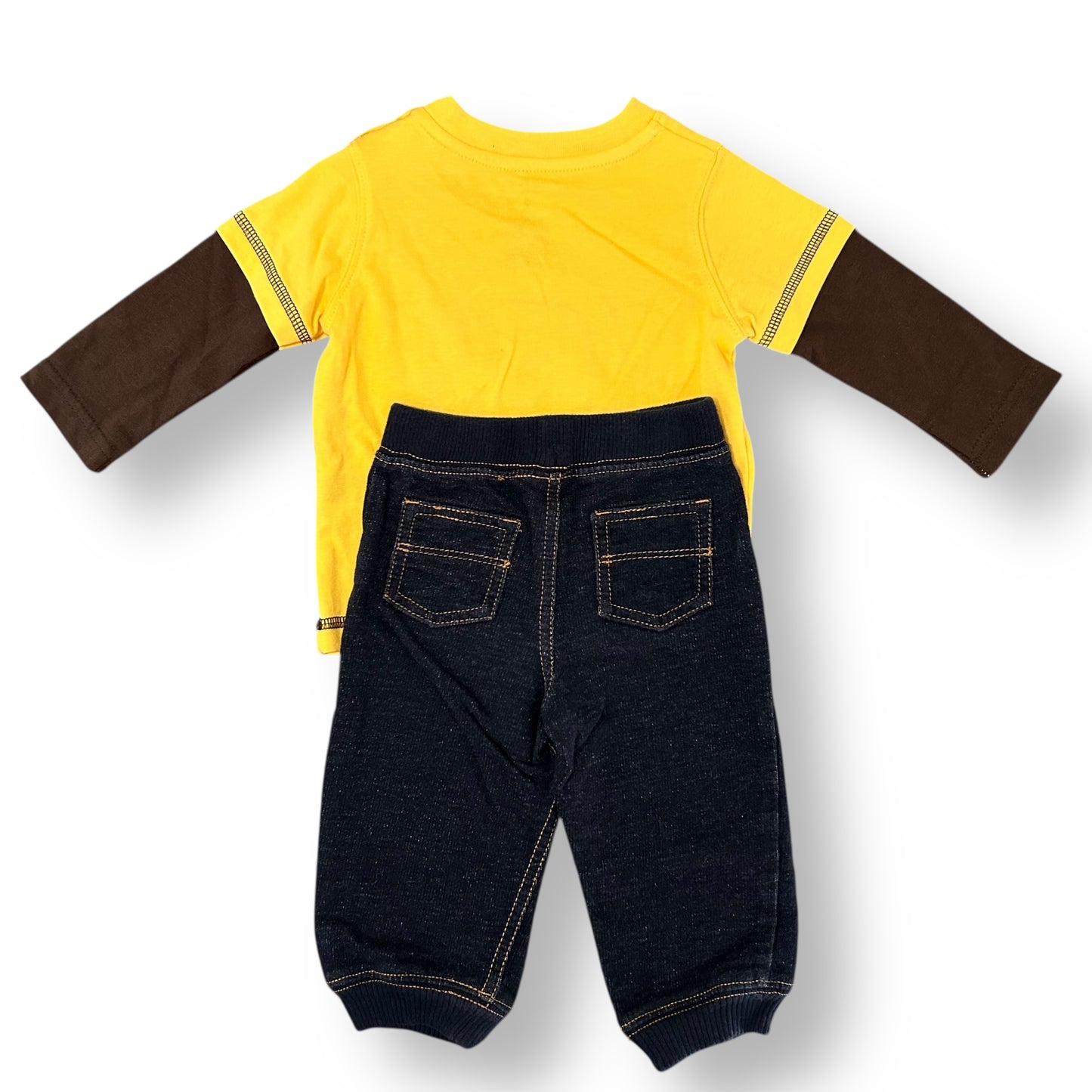 Carter's Baby Boy 9 Months Outfit Yellow Monkey Shirt and Blue Pull On Pants Set