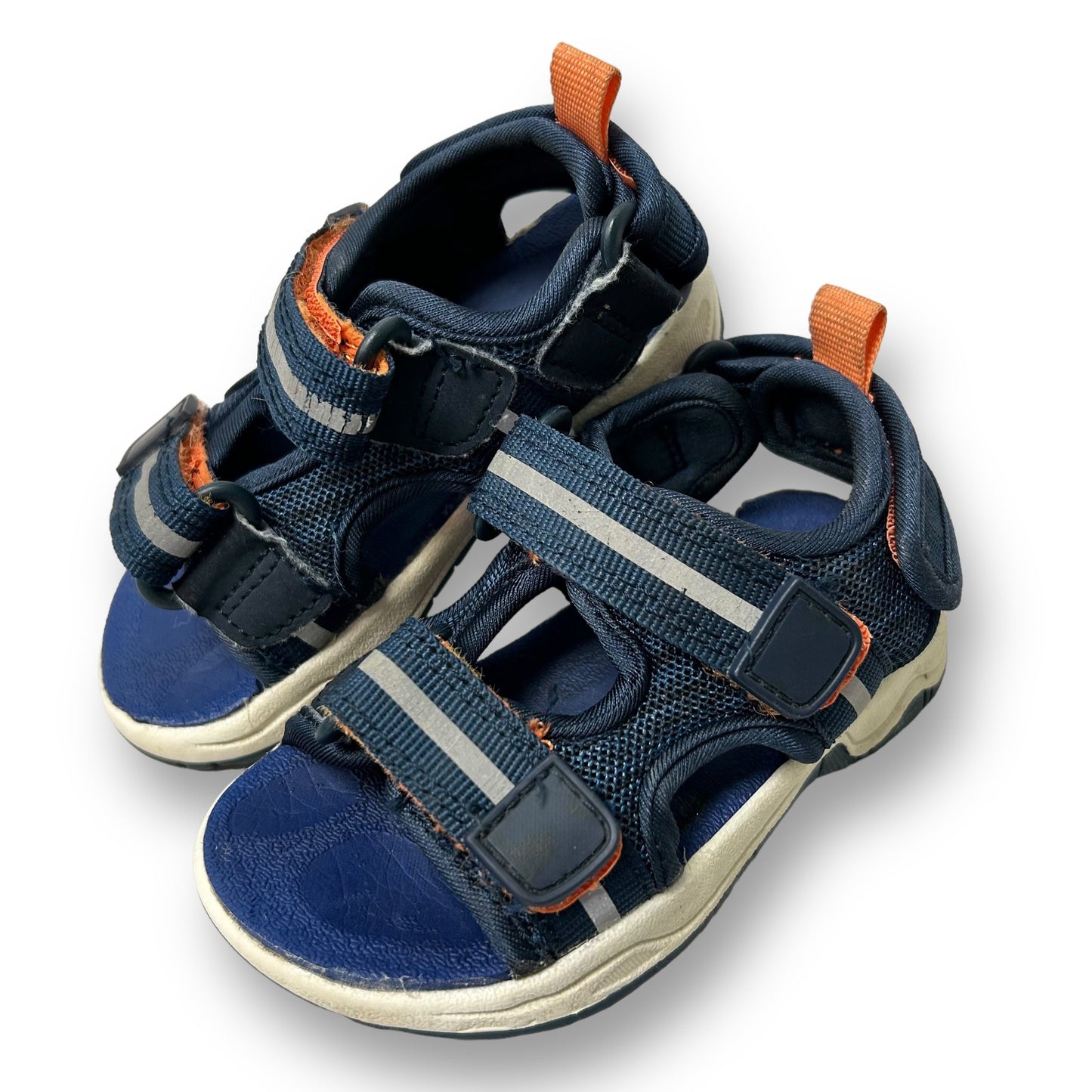 Toddler boy's blue and orange easy-on sport sandals with strap-on style.