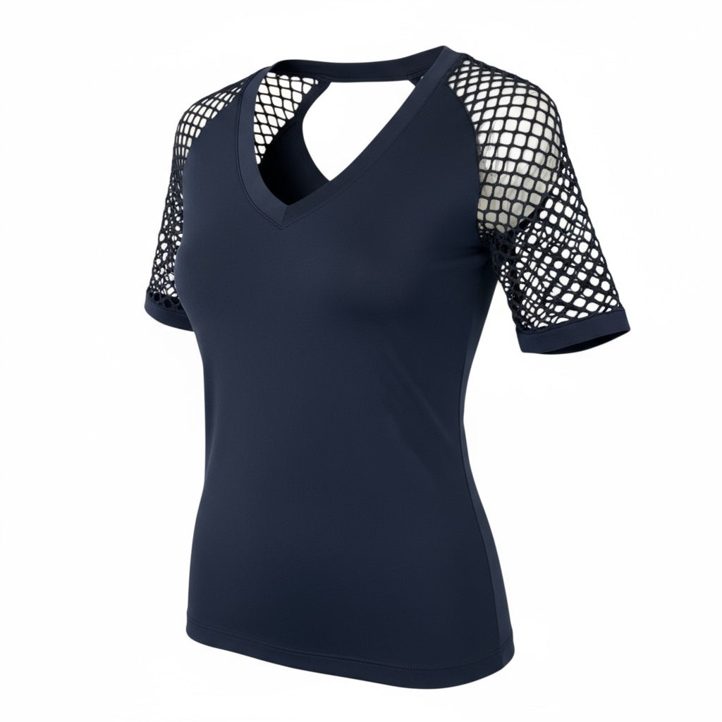 Venus Women’s Medium 3/4 Fishnet Sleeve Navy Blue Nylon Stretch Blouse