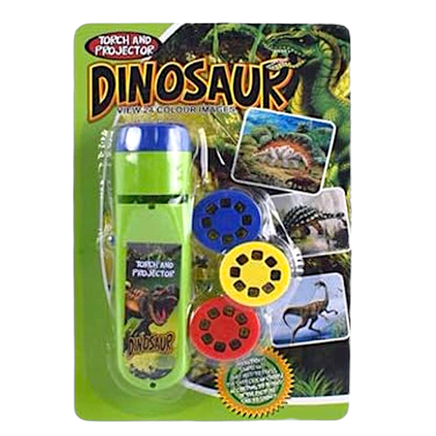 Dinosaur torch and projector toy packaging with images of dinosaurs