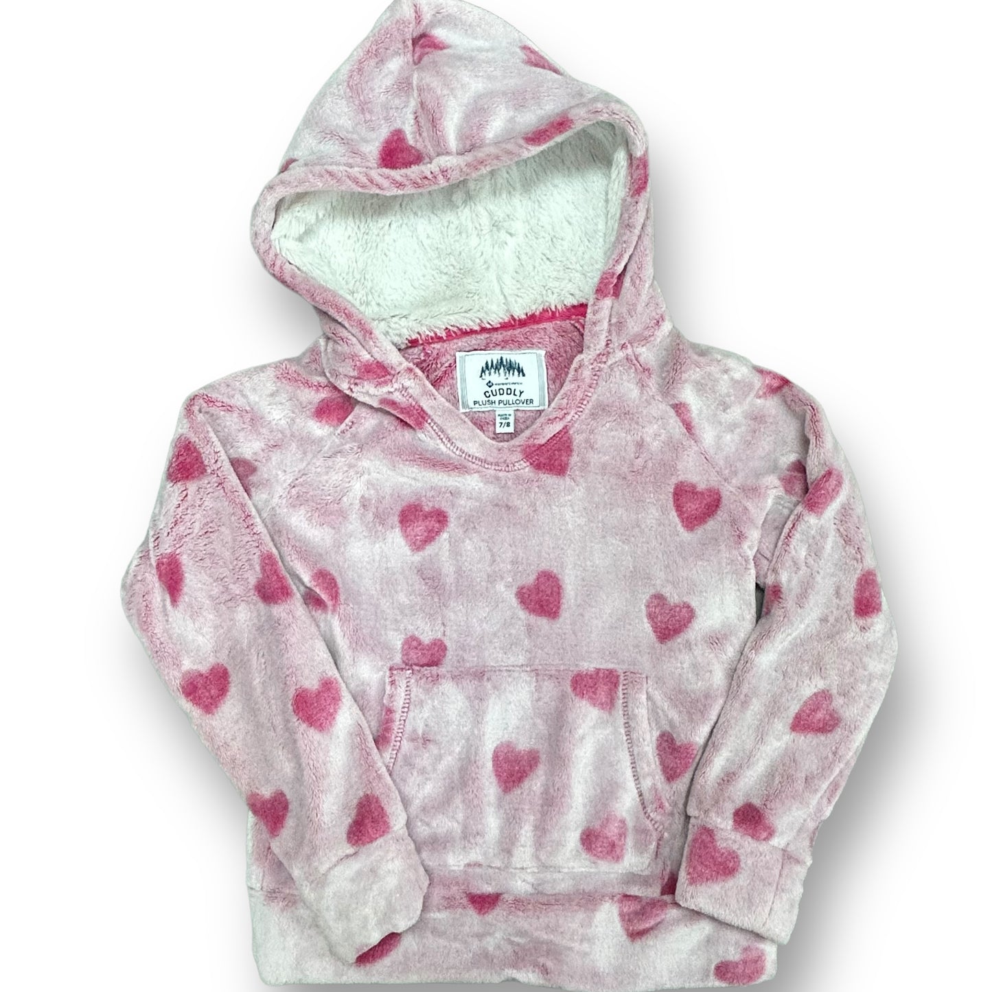 A pink heart-printed sherpa hoodie for girls, with a hood and long sleeves.
