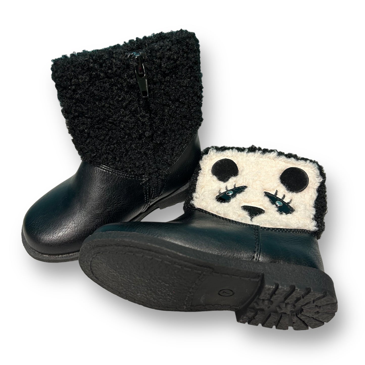 NEW! Toddler Girl Size 7 Black Boots Side Zipper Fuzzy Sherpa Panda Chelsea