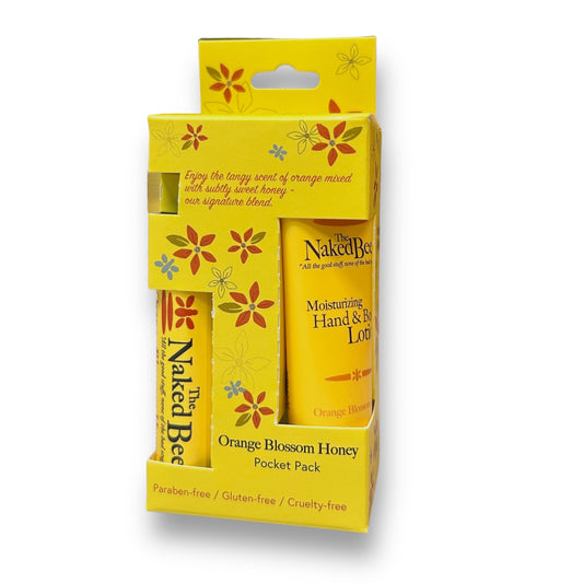 The product image shows a Naked Bee Classic Orange Blossom Honey Hand Lotion & Lip Balm Pocket Pack. The packaging is predominantly yellow with floral patterns, and it includes a bottle of hand lotion and a tube of lip balm.