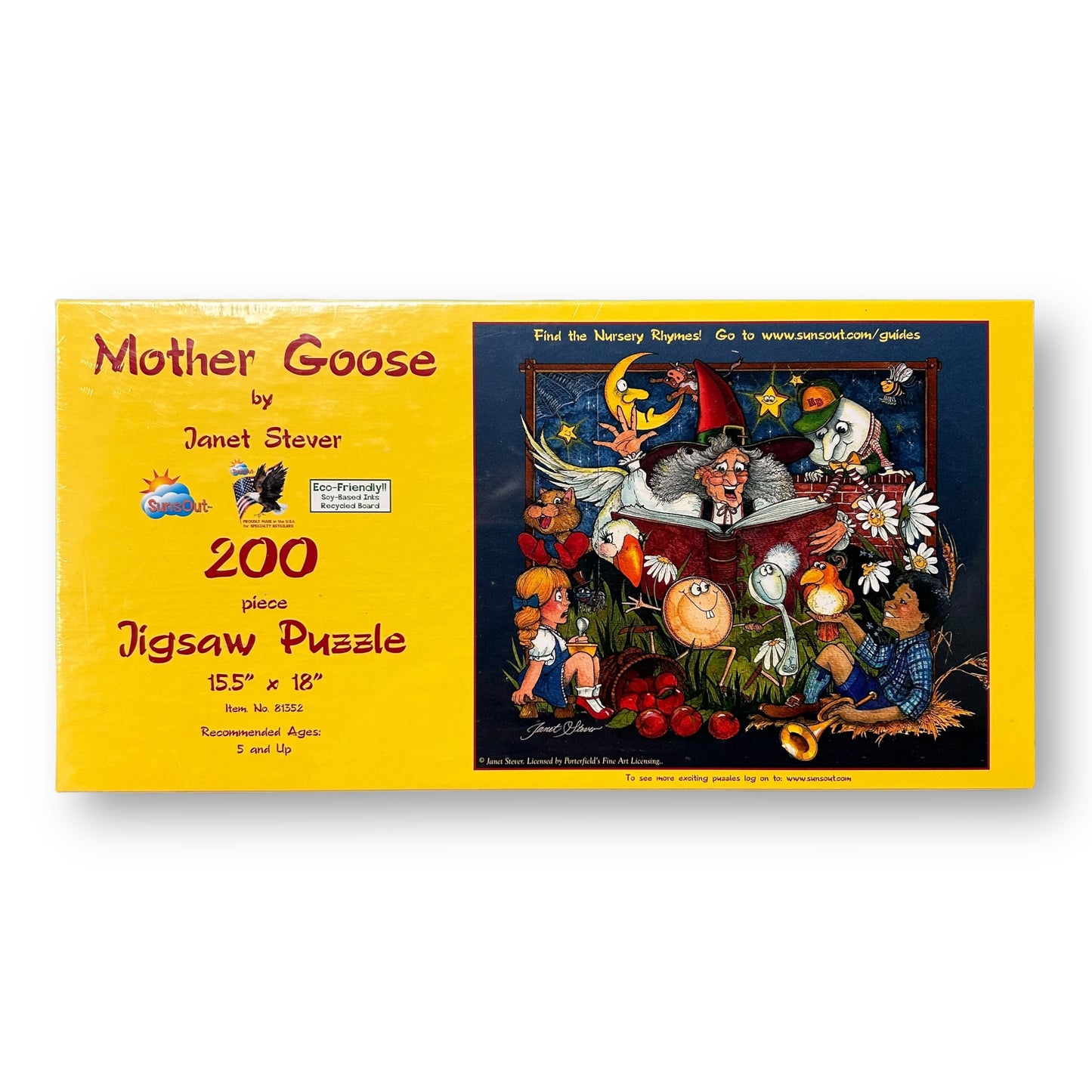 A 200-piece jigsaw puzzle box featuring an illustration of 'Mother Goose' with various characters and a night sky background.