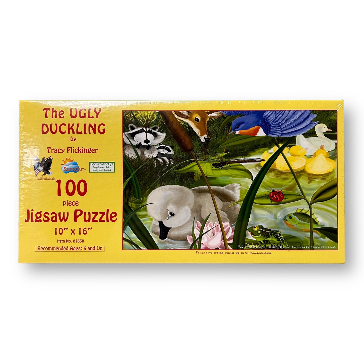 A 100-piece jigsaw puzzle box featuring an image of ducks and wildlife in a natural setting.