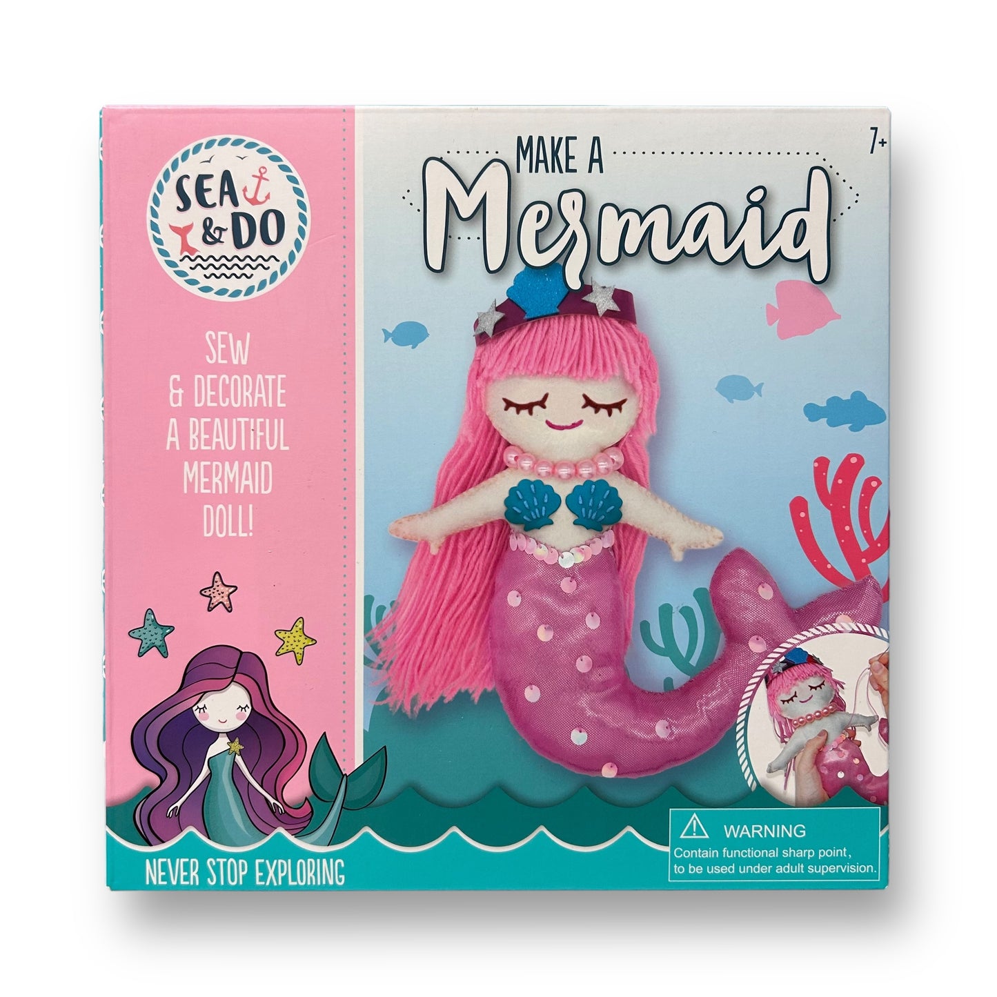Packaging for the Sea & Do Learn-to-Stitch Mermaid Craft Kit featuring illustrations of mermaids, aquatic animals, and crafting materials.