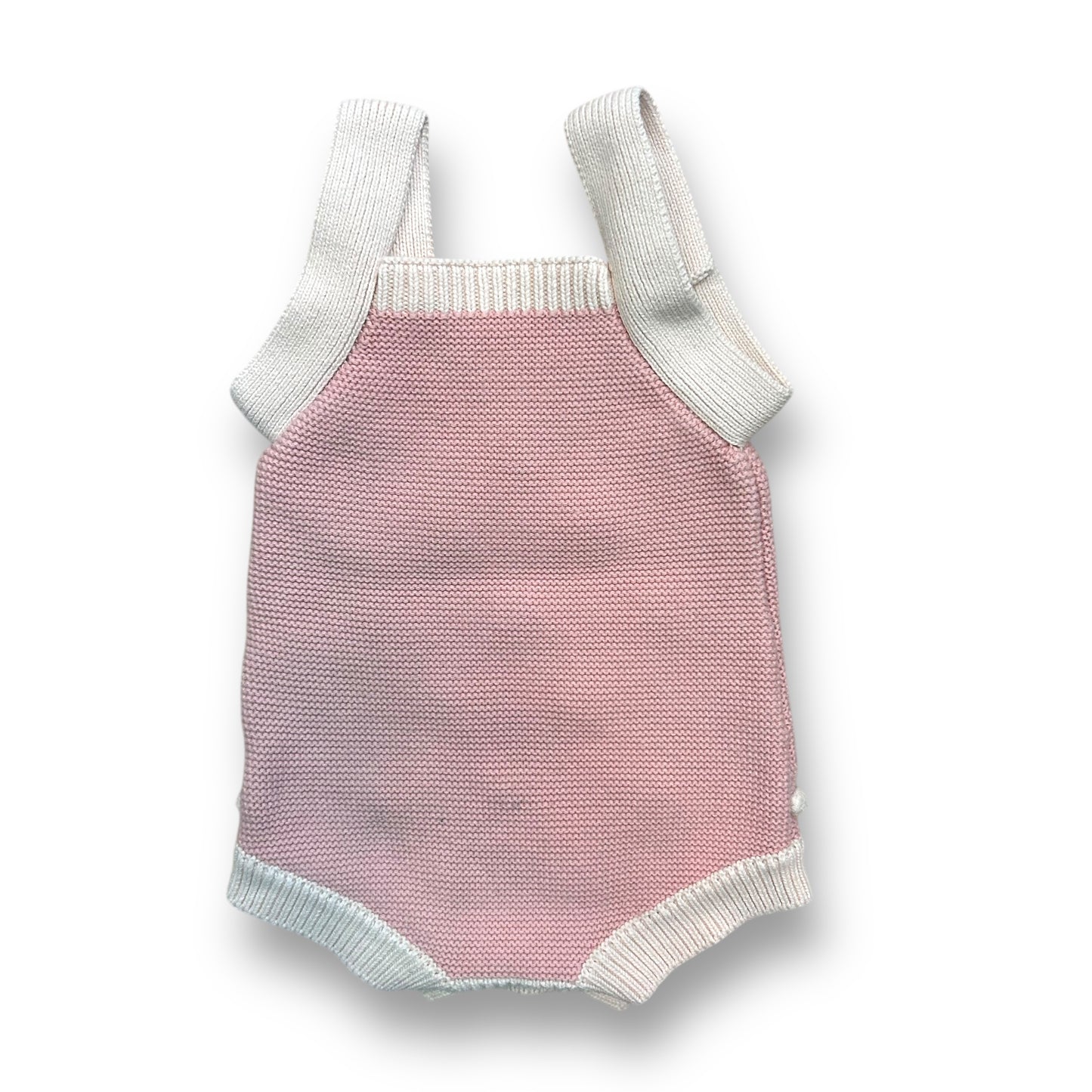 Baby Girl 6-12 Months Pink and White Sweater Knit Romper with Wooden Buttons