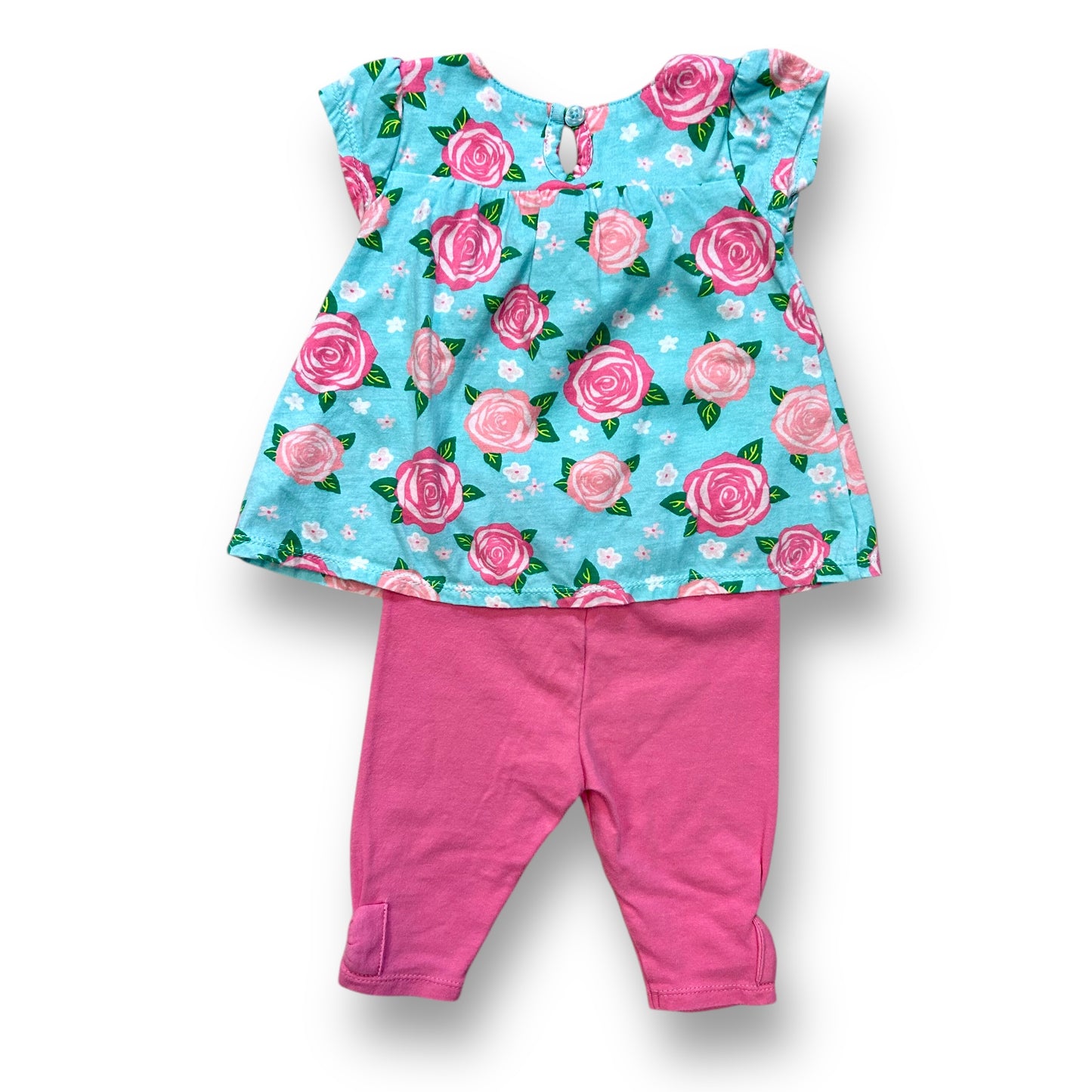 Baby Girl Outfit Size 9 Months Pink & Aqua Floral Print Short Sleeve Pants Set