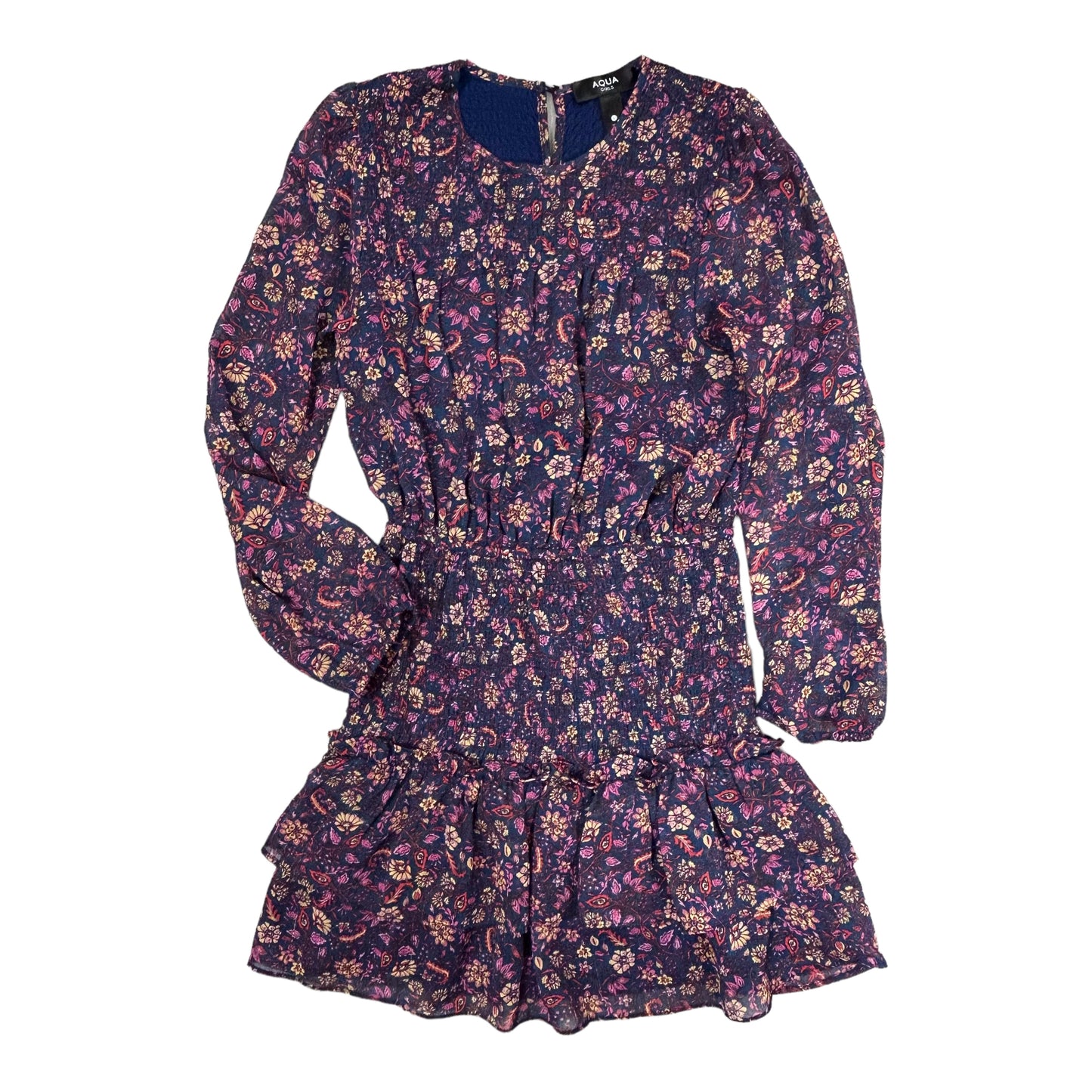Aqua Girls Size 12/14 Youth Cinched Floral Print Long Sleeve Ruffle Dress