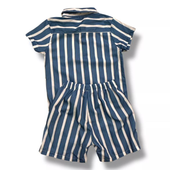 Boys Size 3/3T Blue & White Striped Silky Collared Shirt & Shorts Set