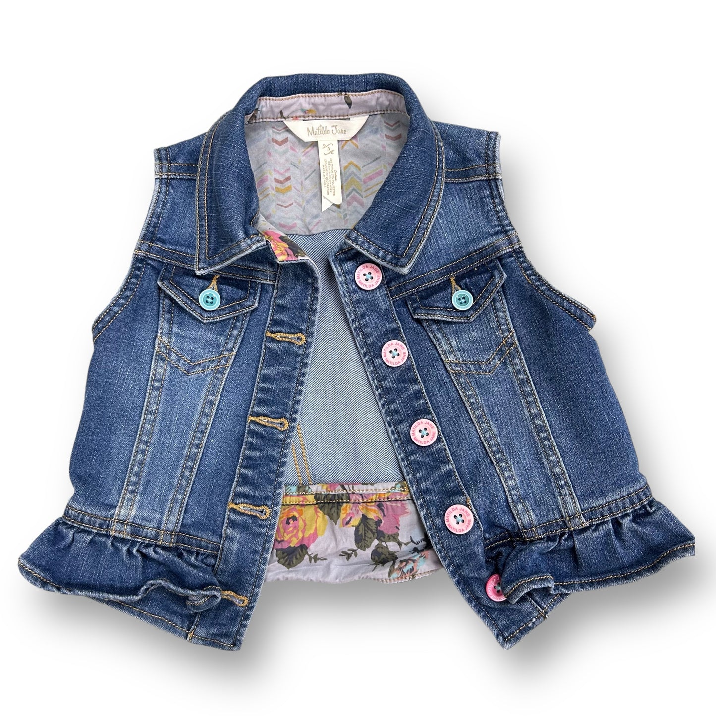 Matilda Jane Girls Size 4 Button Accent Boutique Denim Vest with Ruffles