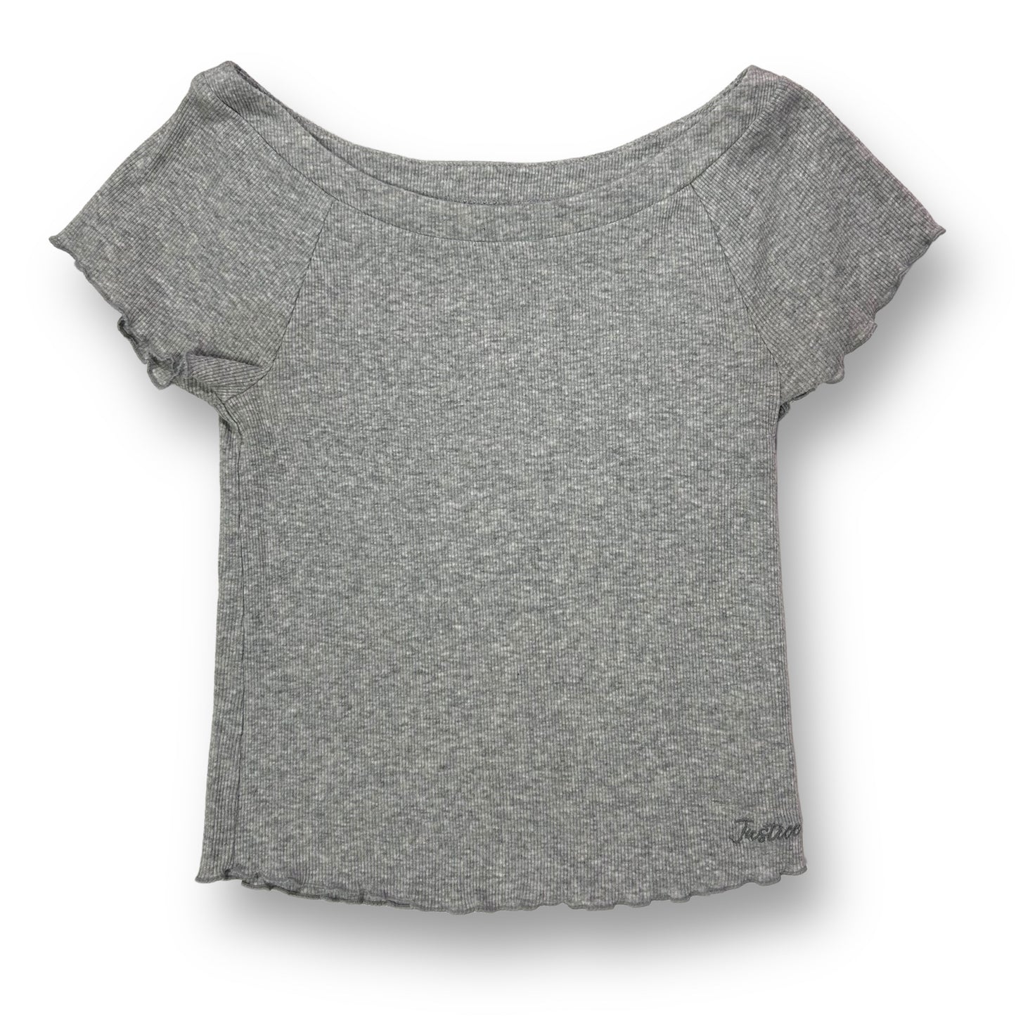 Justice Girls Size 10 Youth Short Sleeve Gray Wide Neck Ribbed Top