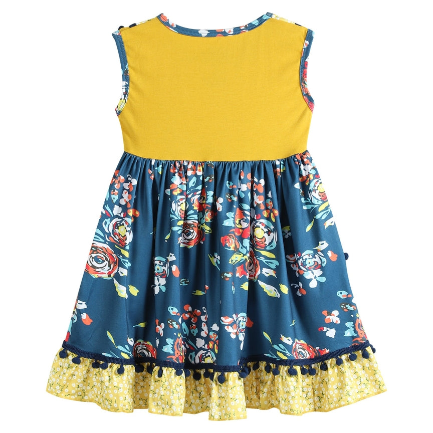 NEW! Ruffles by Tutu and Lulu Size 2T Mustard & Cobalt Floral Pom-Pom Dress