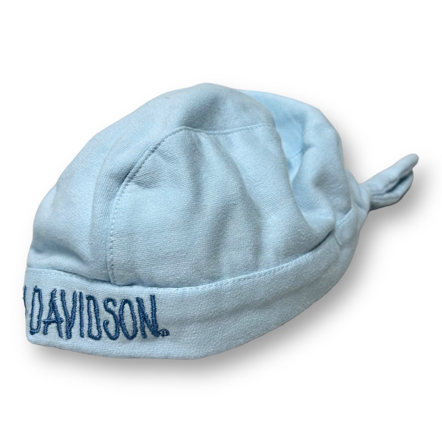 A baby blue Harley Davidson hat suitable for a 24 month old, with the brand's logo embroidered on the front.