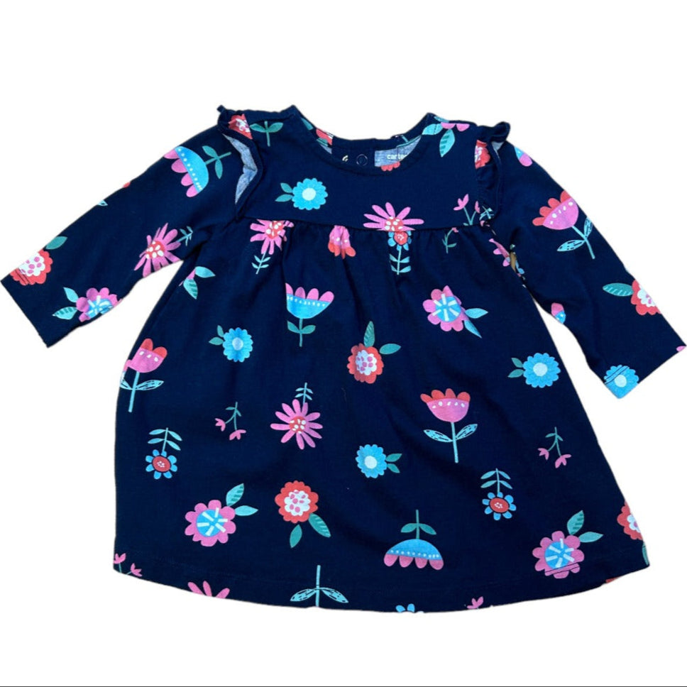 A navy floral printed dress for girls, with a round neckline and short sleeves.