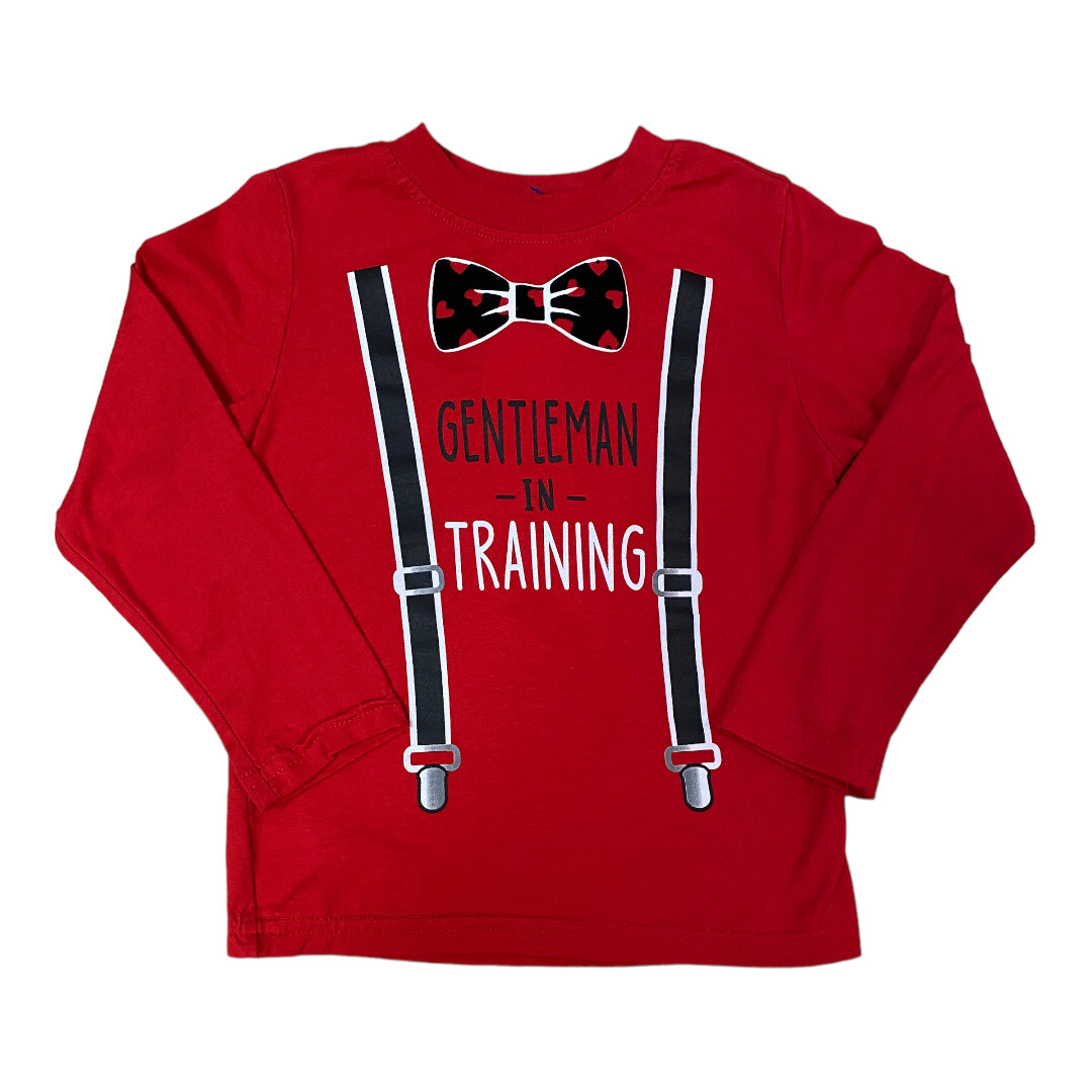Boys Size 4T Graphic Bowtie and Suspenders Red Long Sleeve Shirt